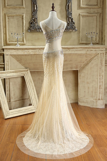 BMbridal Glamorous Tulle V-Neck Sleeveless Mermaid Prom Dresses with Beadings