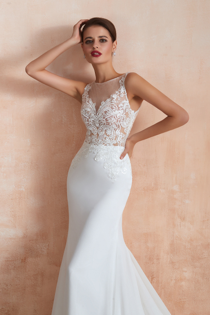 BMbridal Beautiful Mermaid V-Neck White Lace Wedding Dresses Affordable Online