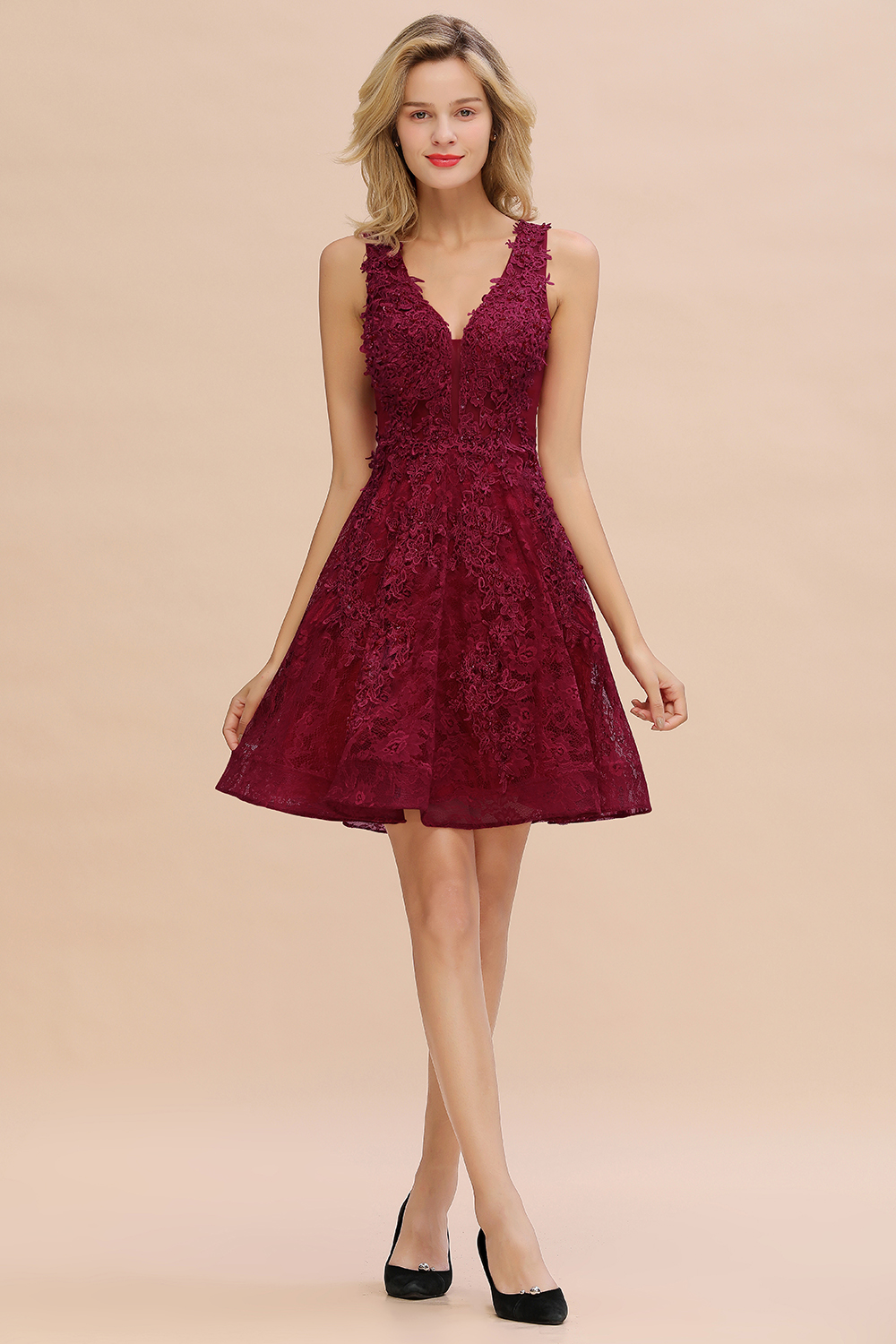 BMbridal Burgundy Sleeveless Lace Short Prom Dress Mini Party Gowns Online