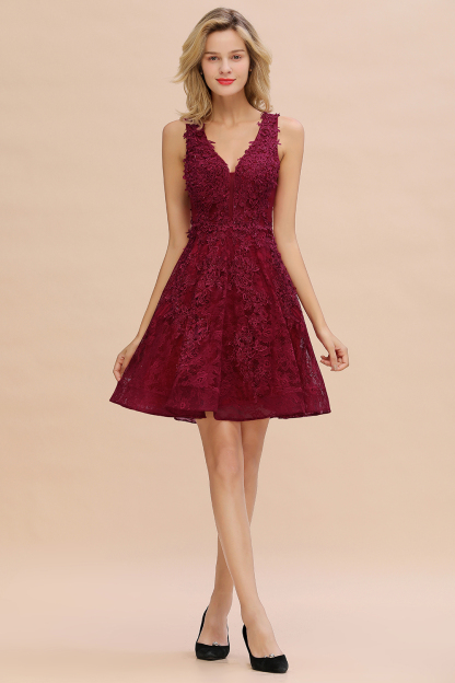BMbridal Burgundy Sleeveless Lace Short Prom Dress Mini Party Gowns Online