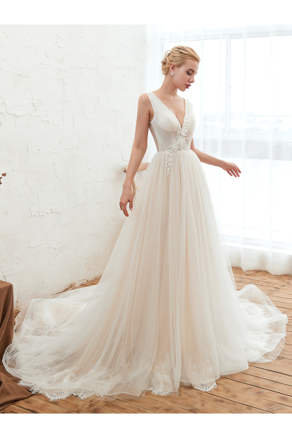 BMbridal Affordable Tulle V-Neck Ruffle Long Wedding Dress with Appliques