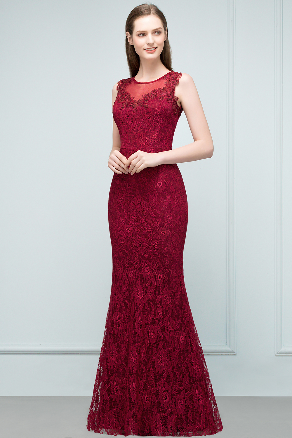 BMbridal Gorgeous Bugrundy Lace Prom Dress Long Mermaid Evening Gowns Online