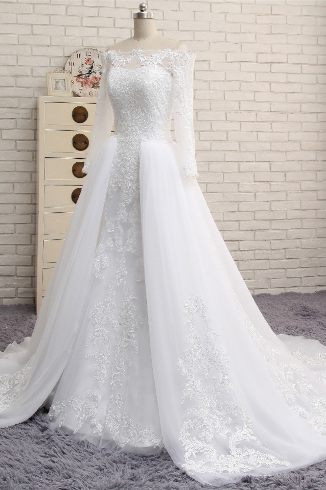 BMbridal Unique Bateau Longsleeves A-line Wedding Dresses With Appliques White Tulle Bridal Gowns On Sale-BMbridal