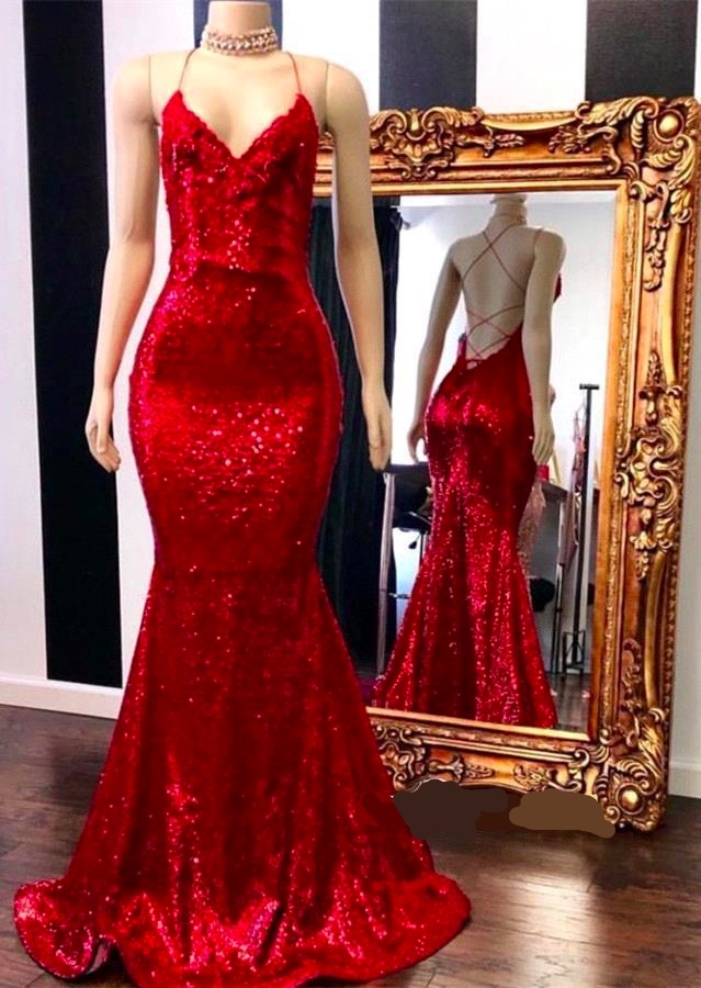 Bmbridal Spaghetti-Straps V-Neck Mermaid Prom Dress Sequins With Appliques