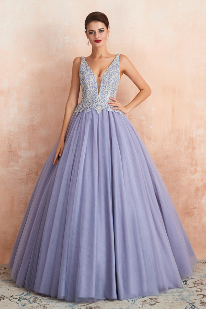 BMbridal Gorgeous Lavender Lace Prom Dress V-Neck Ball Gown Tulle Formal Wears