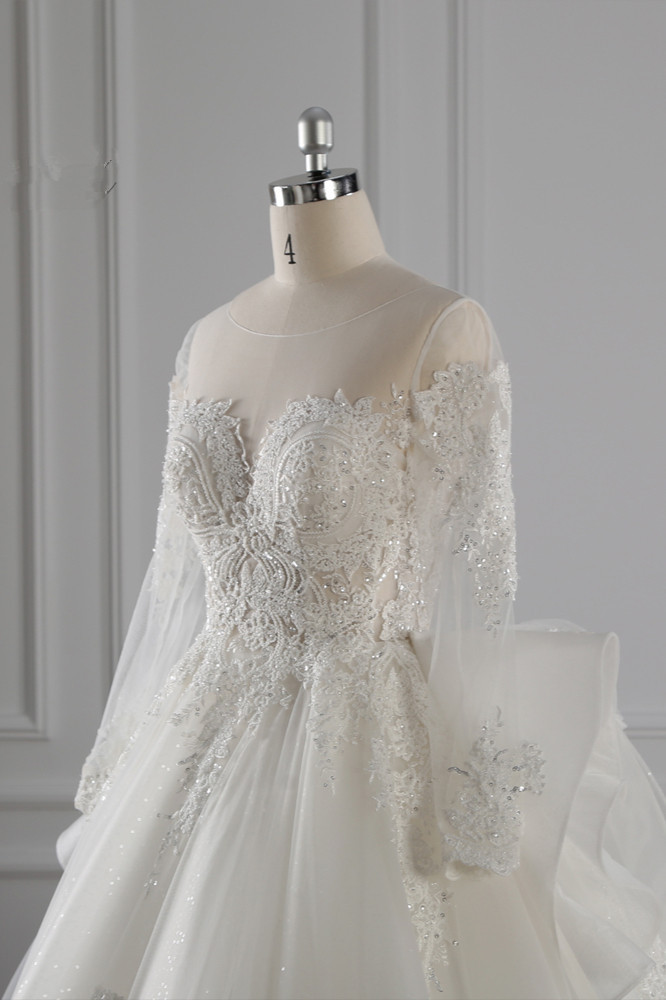 BMbridal Gorgeous Jewel Lace Tulle Wedding Dress Long Sleeves Beadings Bridal Gowns On Sale-BMbridal