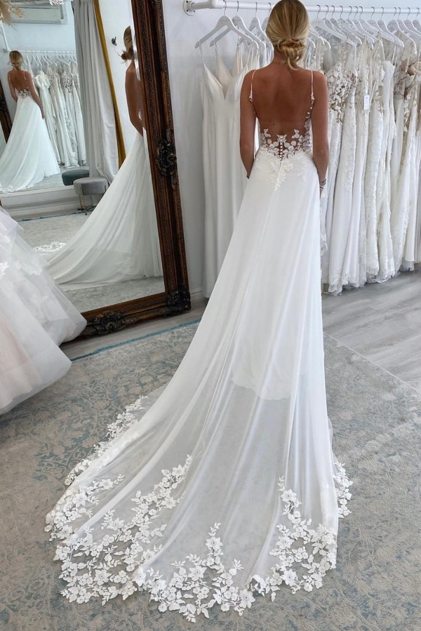 Bmbridal Spaghetti-Straps Open Back Wedding Dress Sleeveless With Appliques-BMbridal