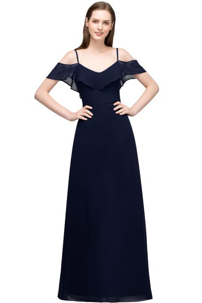 BMbridal Affordable A-line Chiffon Off-the-Shoulder V-neck Long Bridesmaid Dress In Stock