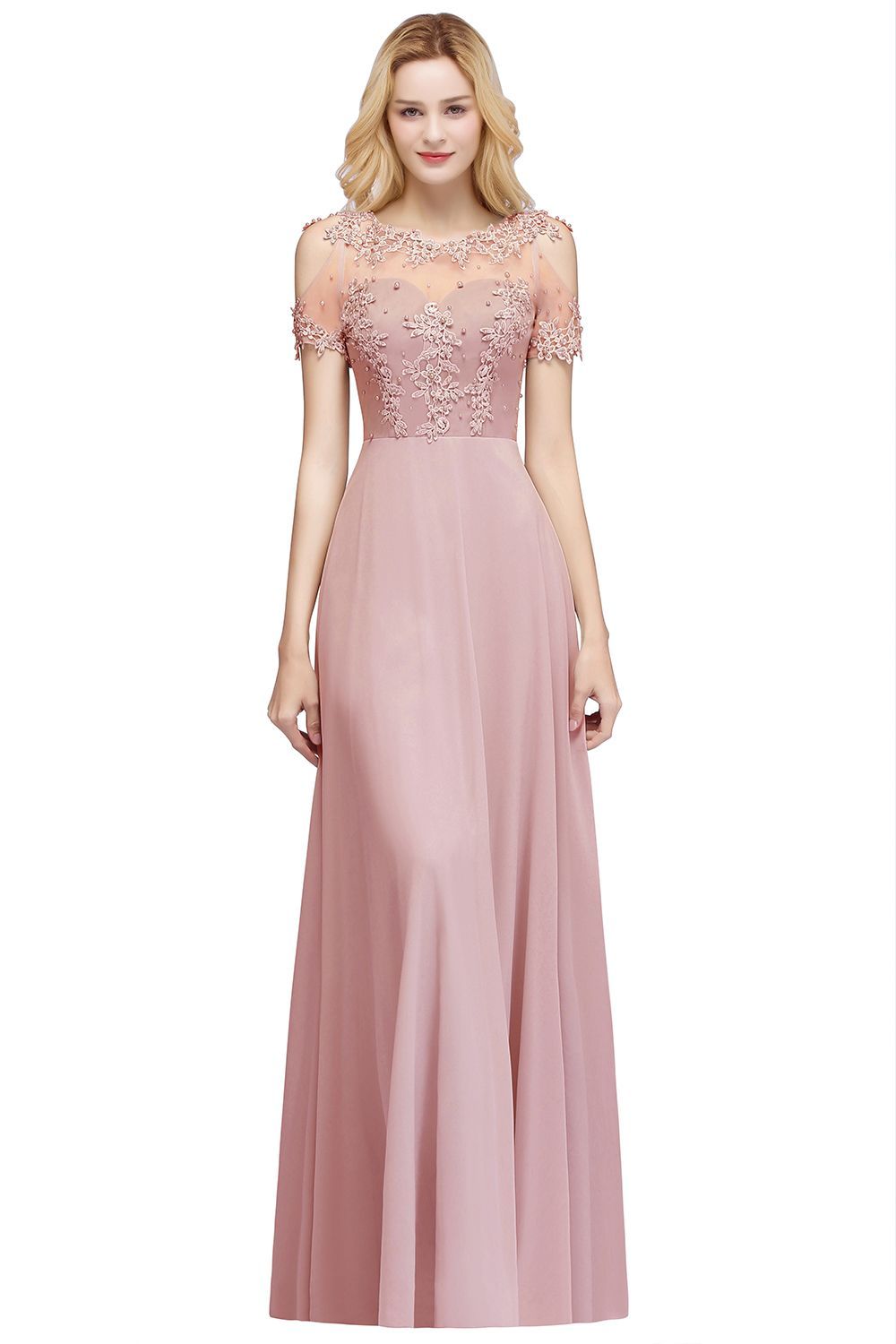 BMbridal Short Sleeve Lace Appliques Long Prom Party Dress