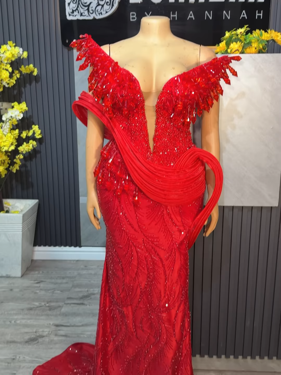 The Scarlet Empress: 3D Sculptural Beaded Mermaid Gown in Power Red