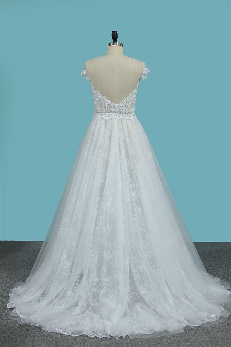 BMbridal Chic Jewel Sleeveless Tulle Wedding Dress Lace Appliques Ruffles Bridal Gowns On Sale-BMbridal