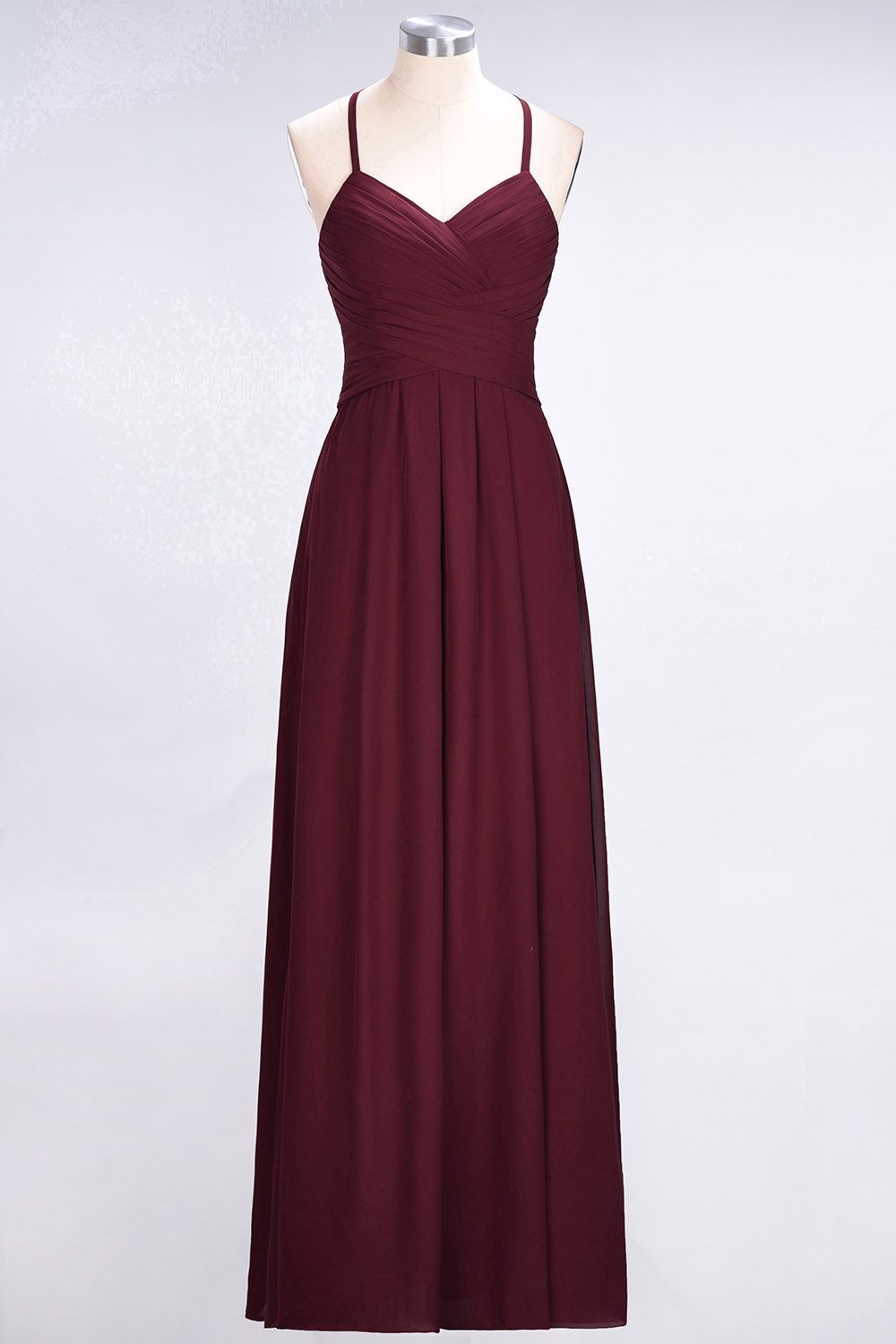 BMbridal Affordable Spaghetti Straps V-Neck Burgundy Chiffon Bridesmaid Dress with Keyhole Back-BMbridal