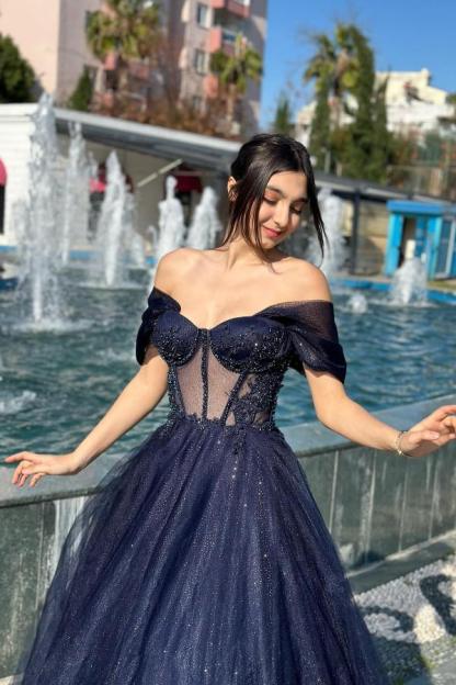 Gorgeous A-Line Floor-Length Sweetheart Off-The-Shoulder Sequined Tulle Wedding Dresses