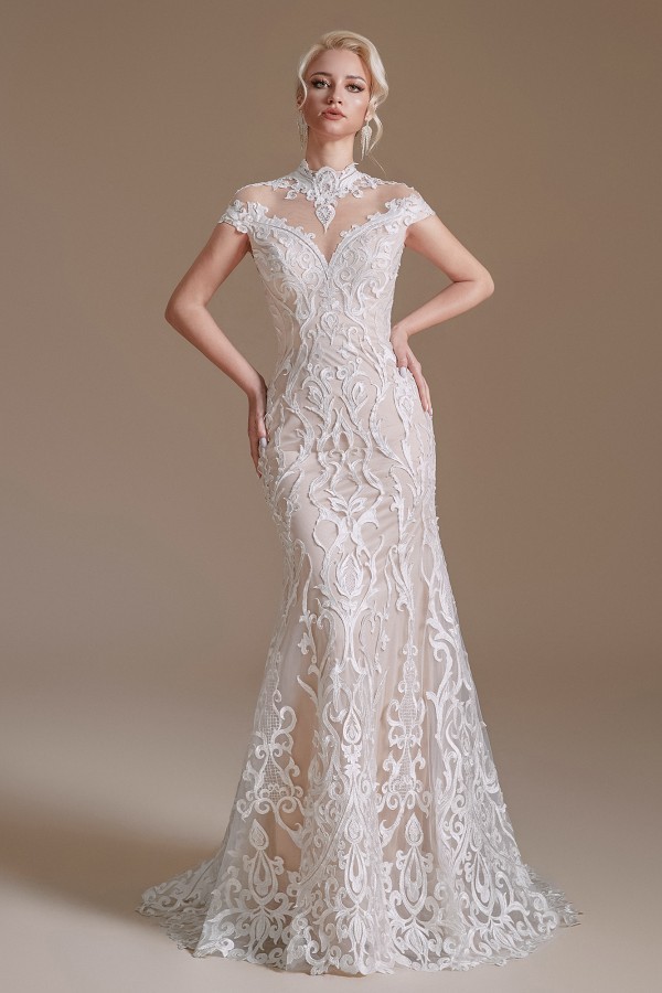 BMbridal Mermaid High Neck Wedding Dress Lace With Cap Sleeves-BMbridal