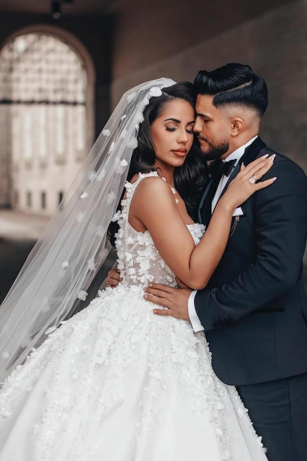 Exquisite Floor-Length Ball Gown Square Neck Sleeveless Satin Wedding Dresses with Appliques-BMbridal