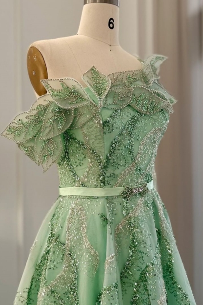 Bmbridal A-Line Champagne Strapless Tulle One Shoulder Prom Dresses with Ruffles