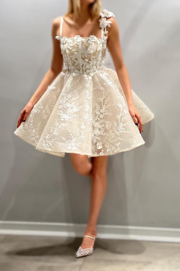 Deluxe Short A-Line Square Neck Spaghetti Straps Lace Prom Dresses with Appliques-BMbridal