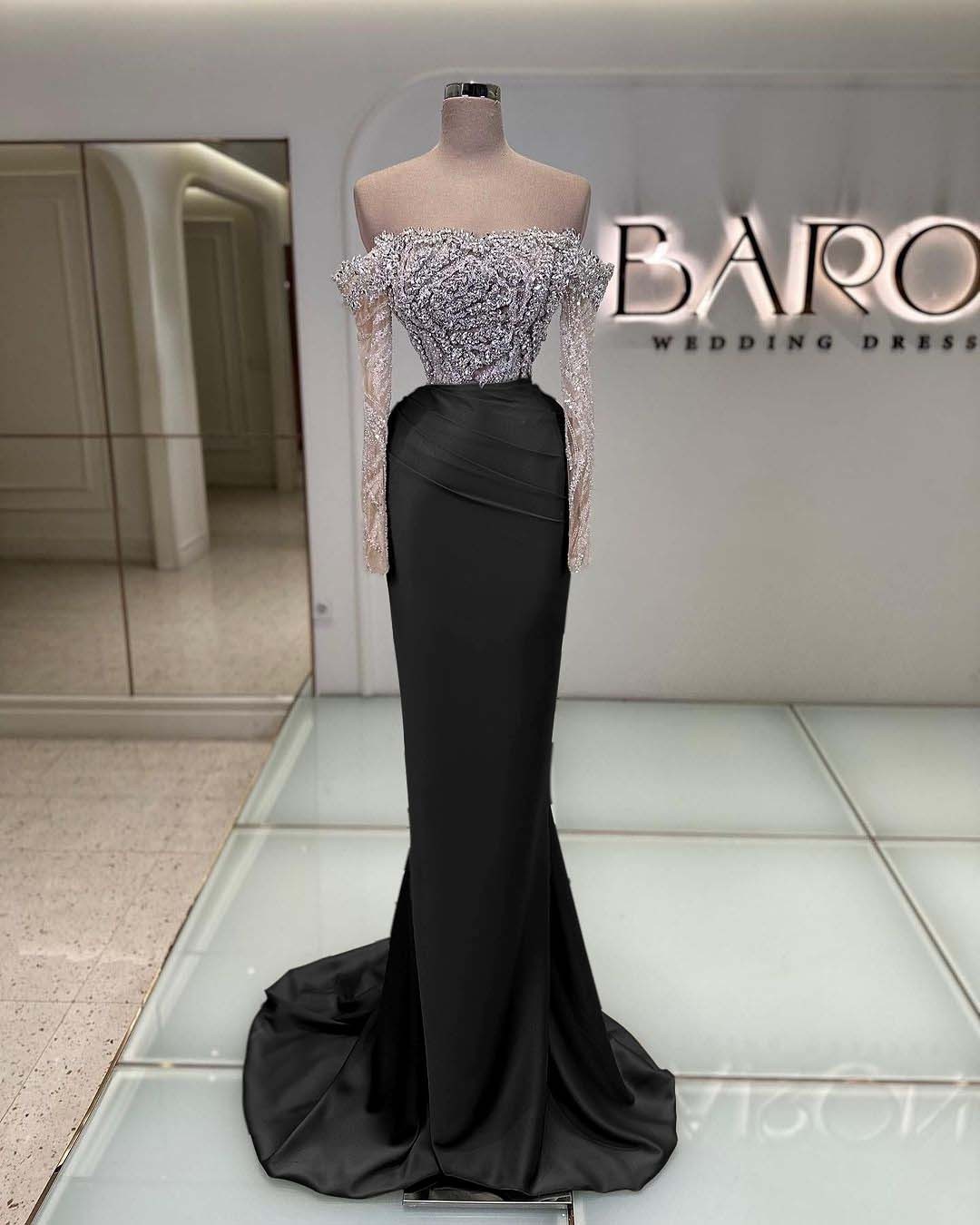 Off the Shoulder Long Sleeves  Long Mermaid Prom Dress With Beading