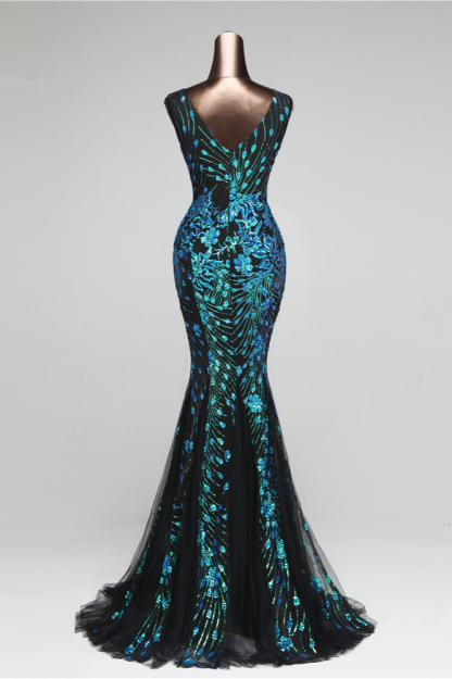 BMbridal Luxury Tulle V-Neck Sleeveless Mermaid Prom Dress with Sequins