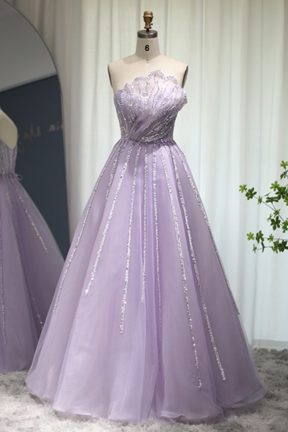 Bmbridal Lilac Tulle Strapless Sleeveless Floor-Length Prom Dresses with Ruffles