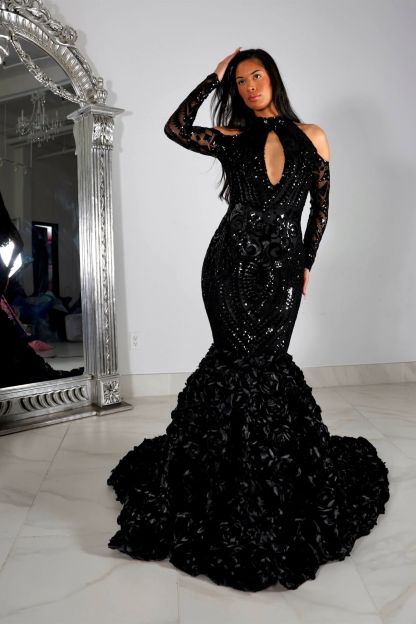 Bmbridal Black Mermiad Halter Long Sleeves Prom Dress with Appliques