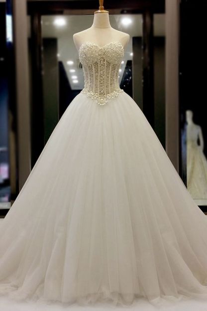 BMbridal AffordableWhite Organza Pearl A-Line Wedding Dresses Sweetheart Beading Bridal Gowns On Sale-BMbridal