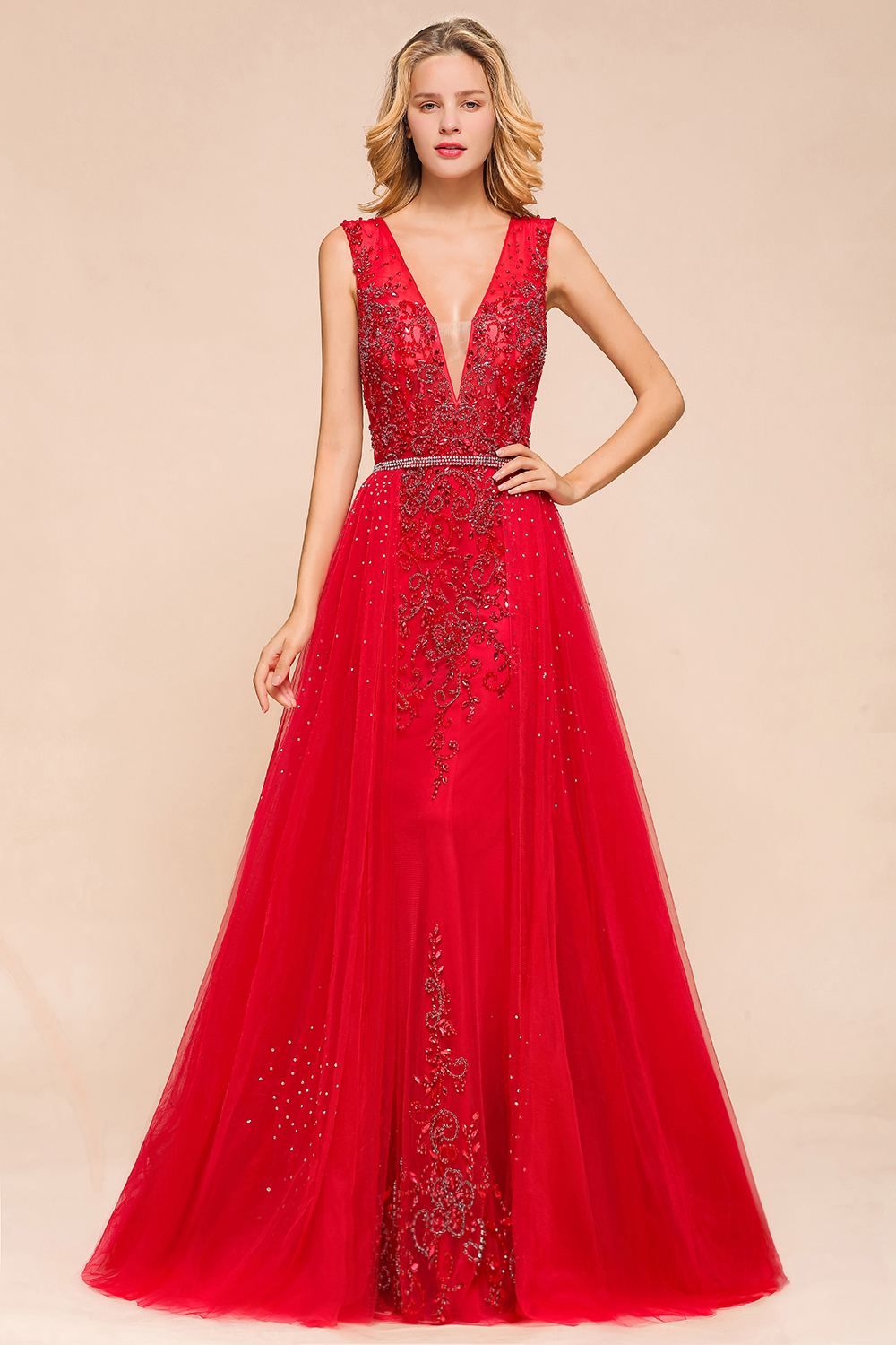 BMbridal Detachable Red V-Neck Long Prom Dress Sleeveless Beadings Tulle Evening Gowns