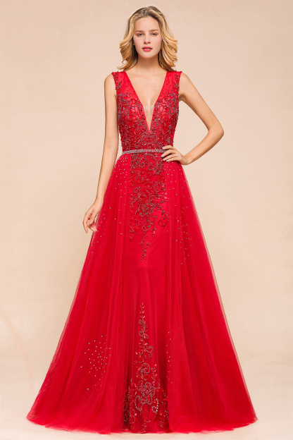 BMbridal Detachable Red V-Neck Long Prom Dress Sleeveless Beadings Tulle Evening Gowns