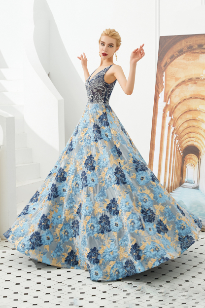 BMbridal Glamorous V-Neck Sleeveless Print Prom Dress Long Beadings Evening Gowns