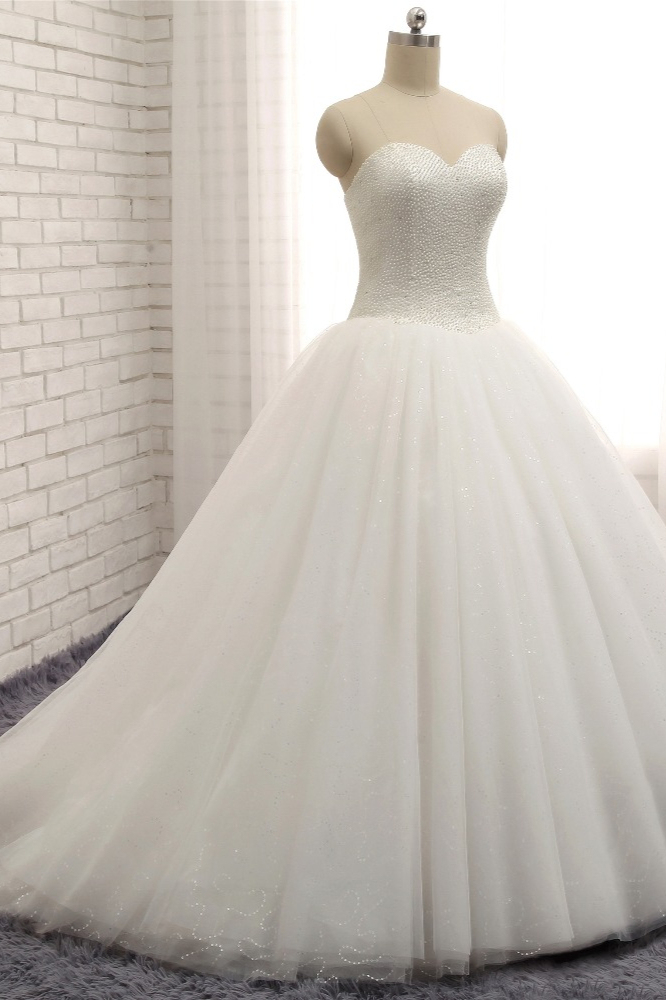 BMbridal Chic Sweetheart Pearls White Wedding Dresses A-line Tulle Ruffles Bridal Gowns Online