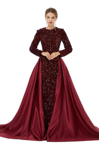 Bmbridal Long Sleeves Sequins Prom Dress Mermaid Overskirt