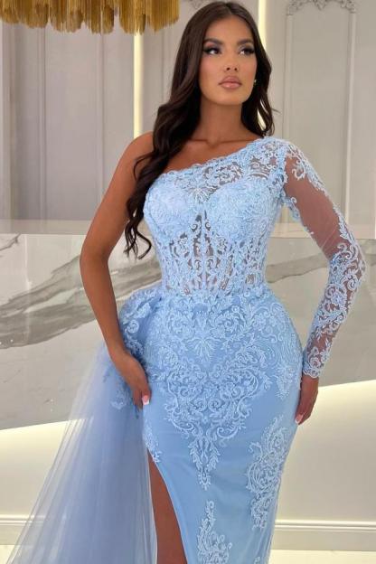 Bmbridal Sky Blue One Shoulder Mermaid Prom Dress Long Sleeves With Lace High Split