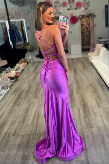 Amazing Spaghetti-Straps Purple Mermaid Prom Dress Sleeveless Online