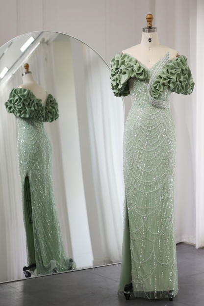 Bmbridal Dusty Sage Sweetheart Short Sleeves Prom Dresses with Ruffles