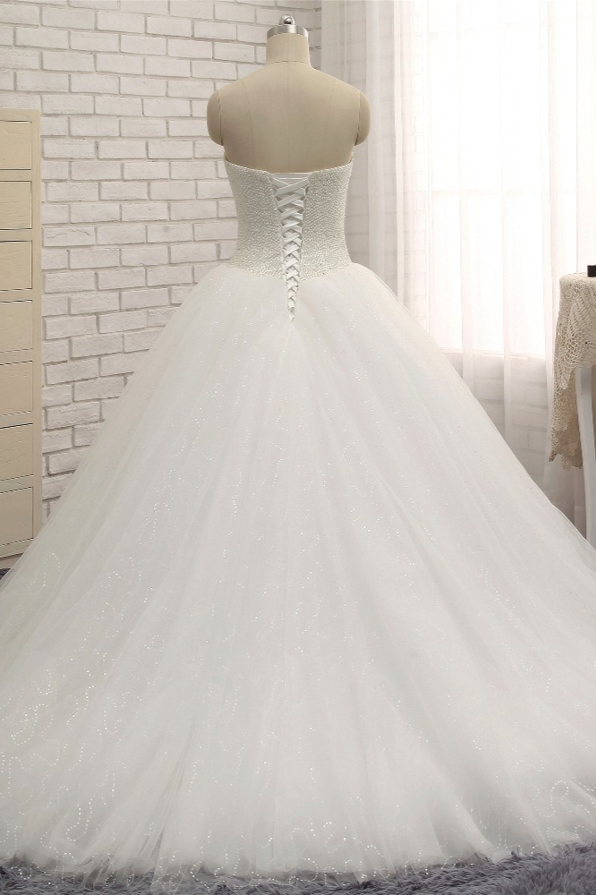 BMbridal Chic Sweetheart Pearls White Wedding Dresses A-line Tulle Ruffles Bridal Gowns Online