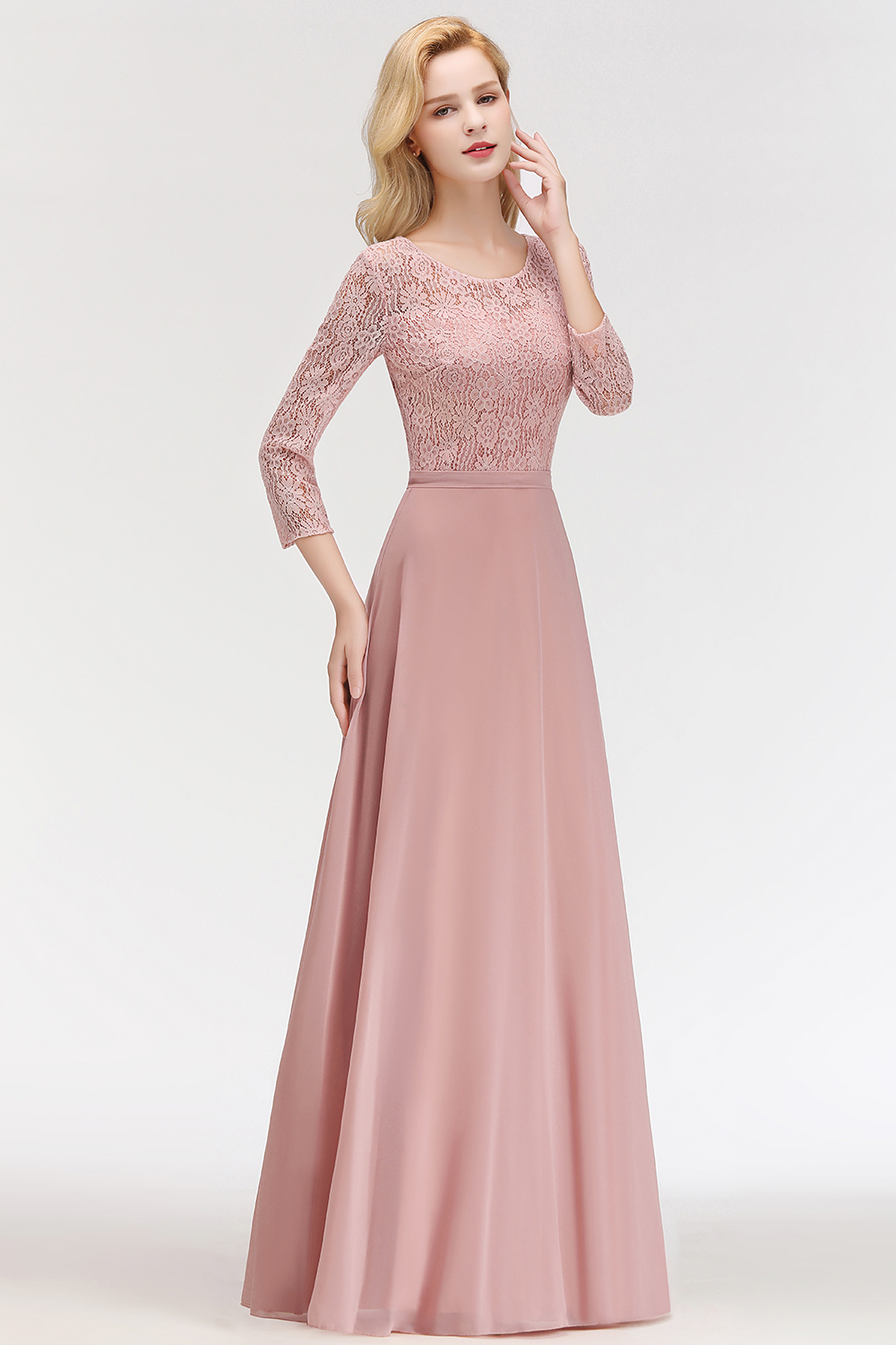 BMbridal Elegant 3/4 Sleeves Lace Long Dusty Rose Bridesmaid Dresses Online-BMbridal