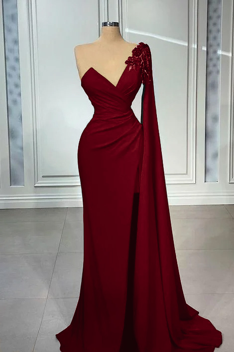 One Shoulder V Neck Mermaid Prom Pleated Dress Red Long Appliques With Ruffles