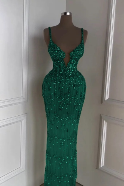 Spaghetti Strap Sleeveless Long Mermaid Prom Dress With Beading