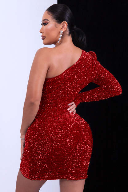 One Shoulder Sequin Little Black Dress-BMbridal