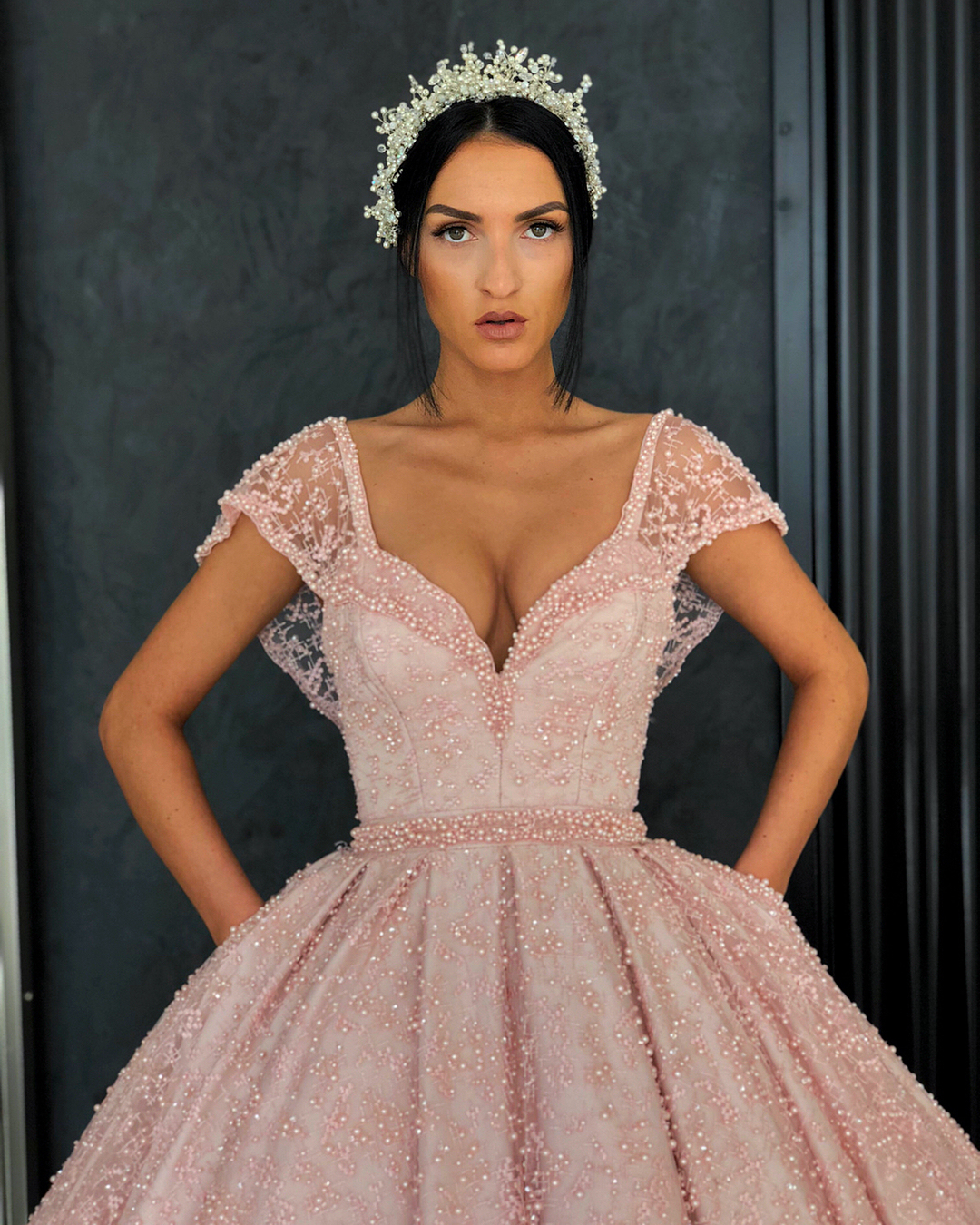 Bmbridal Cap Sleeves Ball Gown Prom Dress Pink With Pearls