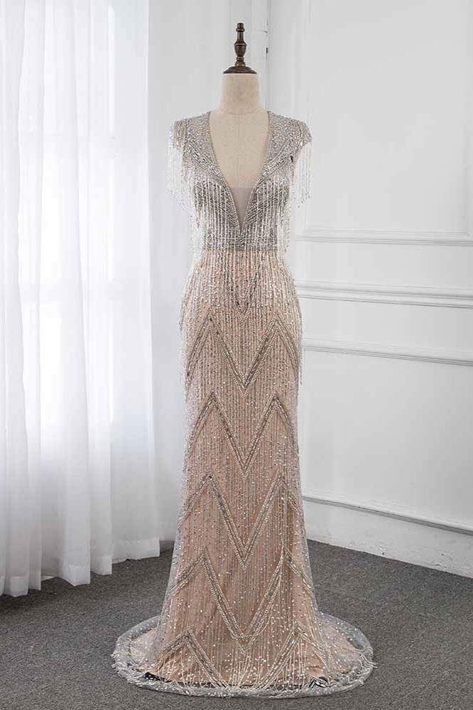 BMbridal Luxury V-Neck Silver Mermaid Prom Dresses with Crystals On Sale