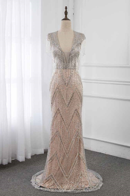 BMbridal Luxury V-Neck Silver Mermaid Prom Dresses with Crystals On Sale