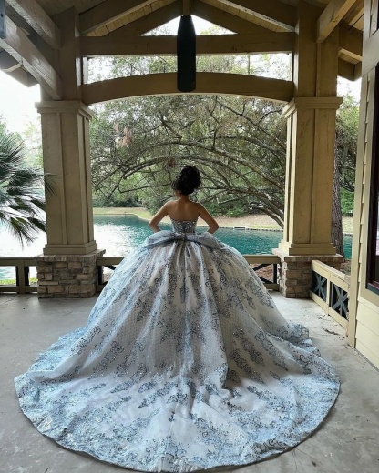 Dusty Blue Strapless Sweetheart Quinceañera Ball Gown with Crystal Embellished Bodice