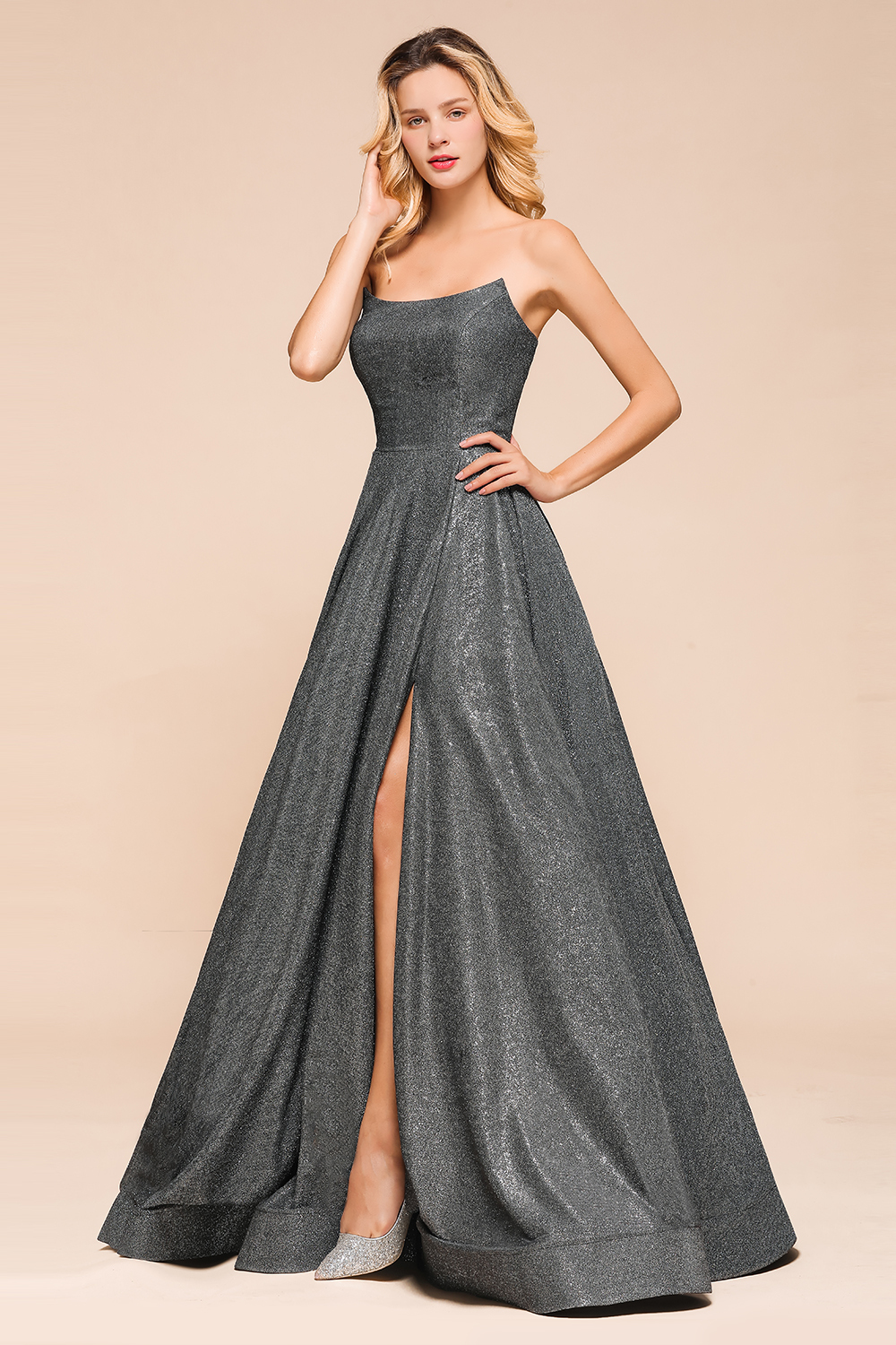 BMbridal Shinning Strapless Long Prom Dress Lace-up Evening Gowns With Split
