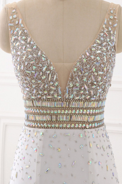 BMbridal Chic Chiffon V-Neck Rhinestones Prom Dresses with Front Slit On Sale