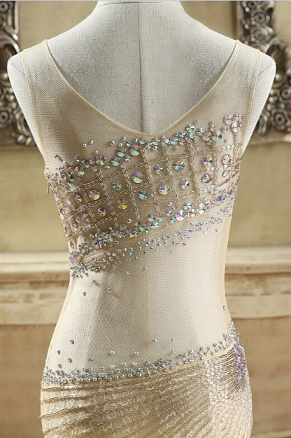 BMbridal Glamorous Tulle V-Neck Sleeveless Mermaid Prom Dresses with Beadings