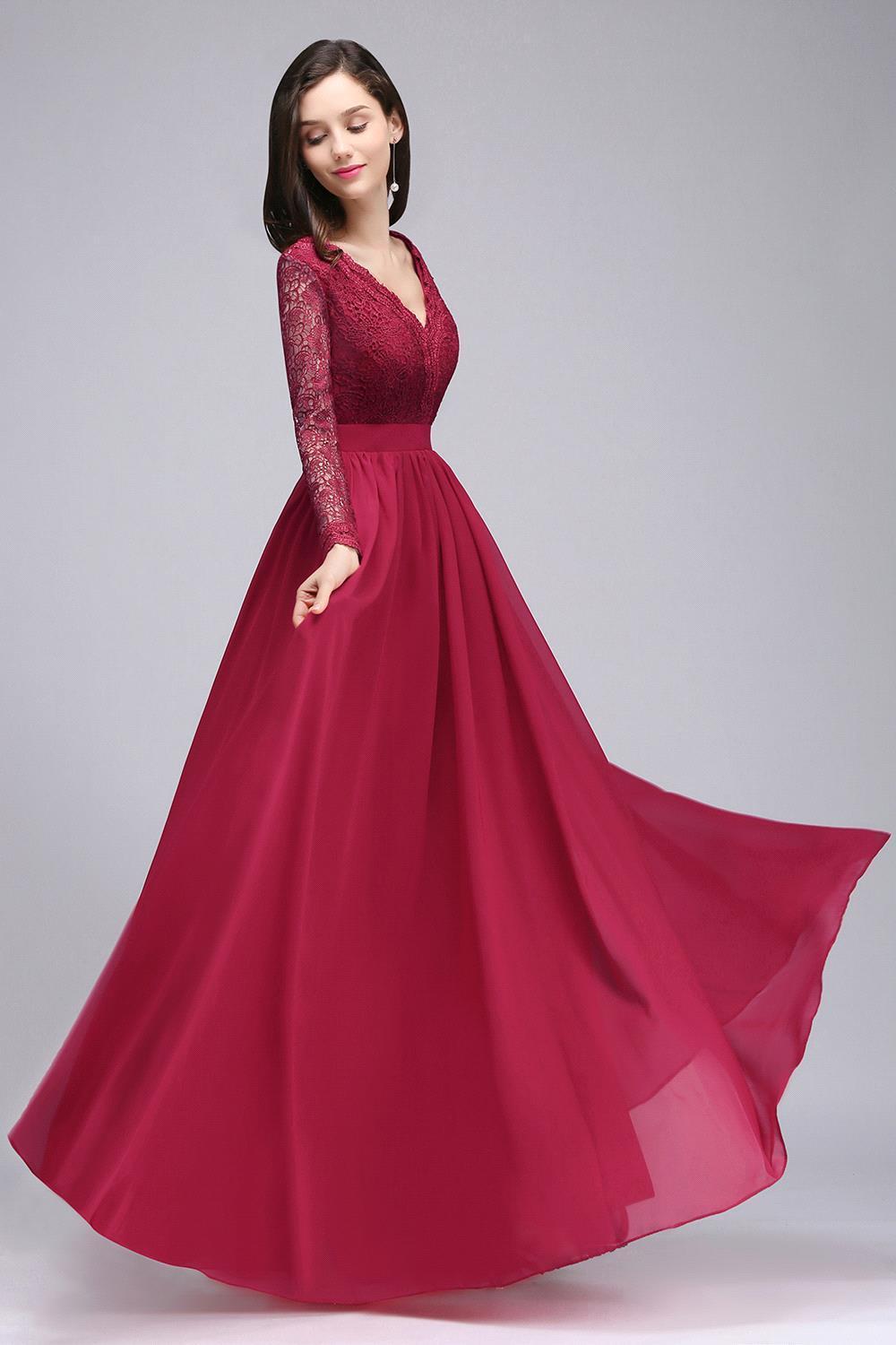 BMbridal Elegant A-line Chiffon Lace Long Sleeves Evening Dress