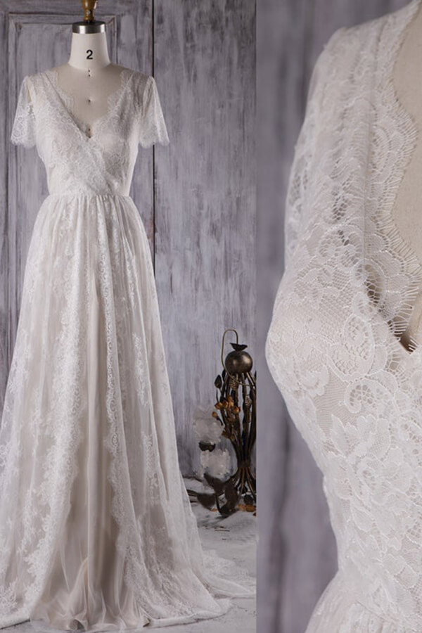 BMbridal Elegant A-line Lace Wedding Dress Short Sleeves Appliques Bridal Gowns Online-BMbridal