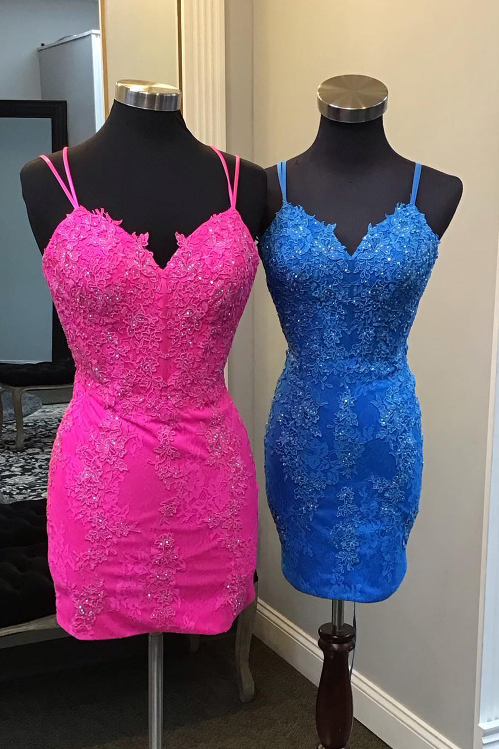 Sparkly Blue Spaghetti Straps Corset Lace Tight Short Homecoming Dress-BMbridal