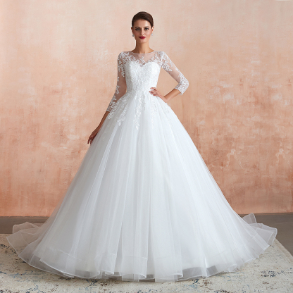 BMbridal Affordable Lace Jewel White Tulle Wedding Dresses with 3/4 Sleeves